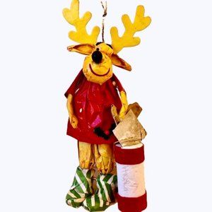 Vintage Christmas Ornament Paper Mache Moose in Dress Shopping Bag 5"